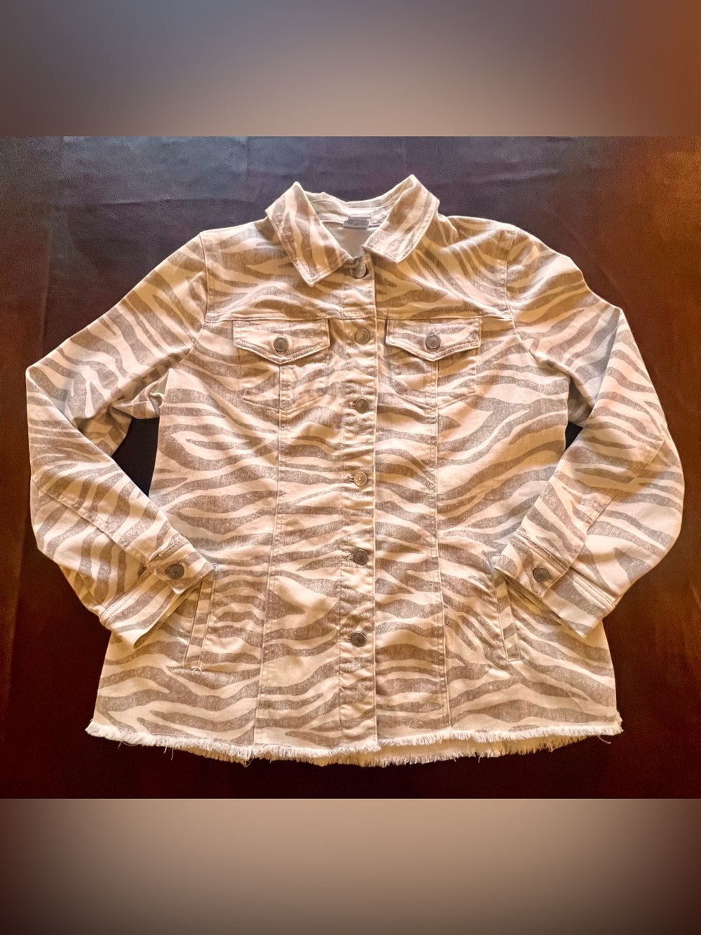 Chico’s Zebra Print Denim Jacket, size large (Chico’s size 2)